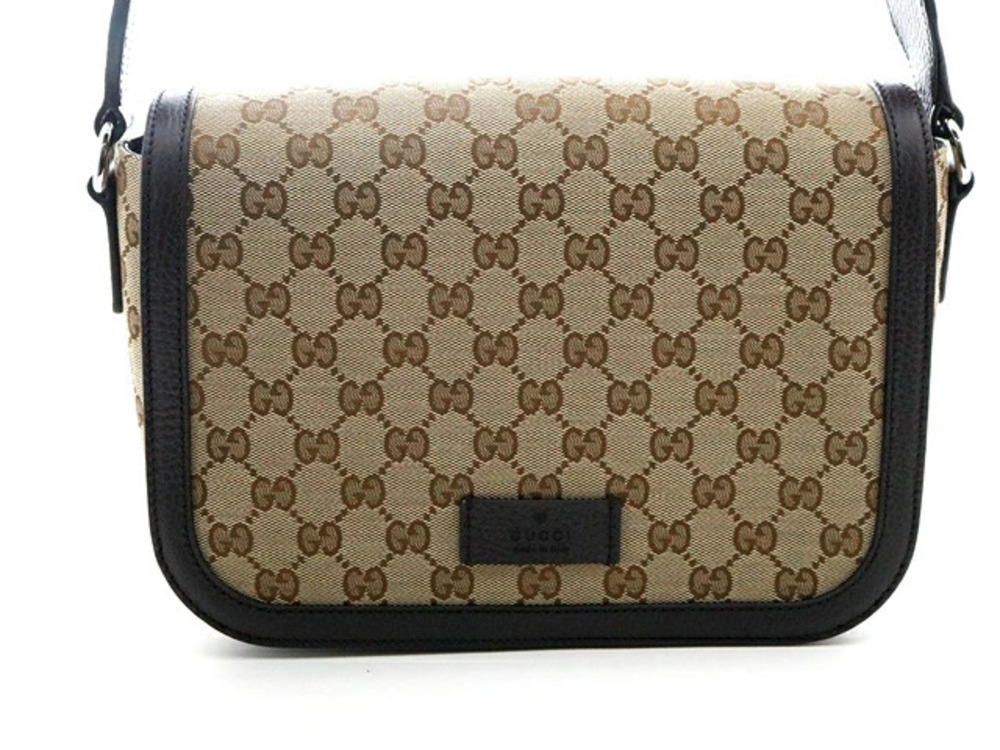Gucci GG Canvas Shoulder Bag Beige Cream Dark Brown Leather
